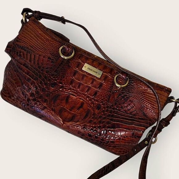BRAHMIN Pecan Brown Leather Crocodile Print Shoulder Bag Purse Vtg Classicore Y2 - Picture 1 of 15
